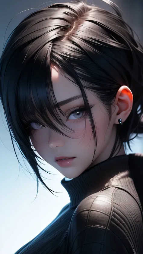 Generates a manhwa-style image of an asian girl with white, smooth skin, a few strands of black wavy hair, the serious look and the intense seductive eyes, torn and small, petite, Lewd, (porcelain doll), horny, flat chest, sexual gaze, sexy pose, leaning i...