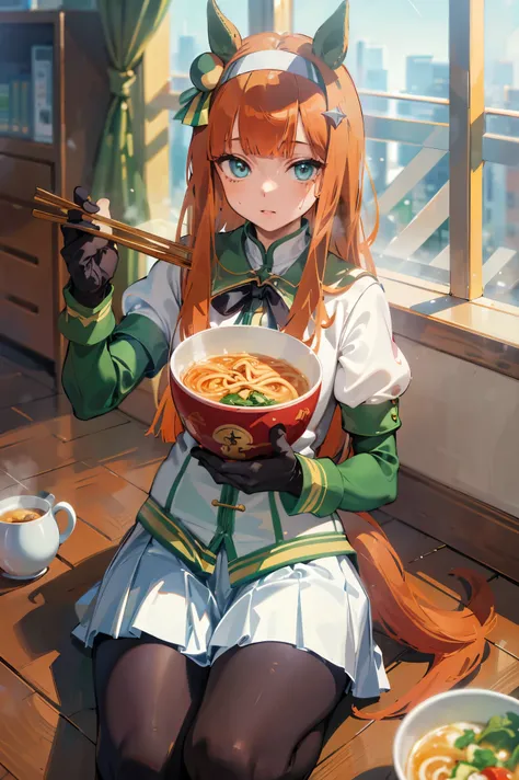 NSFW,masterpiece, top quality, high definition , very detailed , silence Suzuka (Horse Girl),Black gloves、White Skirt、 pleated skirt、 black pantyhose、Layered sleeves、Puffy short sleeves、 short over long sleeve holding chopsticks and ramen bowl、Black Ribbon