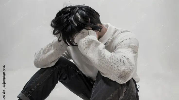 ( Max Image),(photograph),( Details),((Japanese man sitting on the floor and holding his head)),(((Im terribly worried))),40s,(Short sleeve),( polo shirt in the den),(Chino pants),(The face is hidden by hands),(no background),((He has no watch))