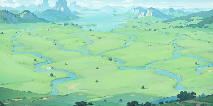 There is a landscape painting, with a river in the picture , Anime Landscape, Distant Village Background , an Magnificent landscape, detailed view —width 672 , anime rural landscape , Background Art, fantastic landscape , serene Vast landscape, A dista...