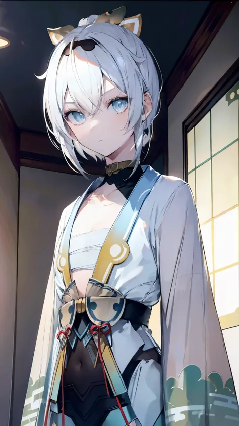  top quality, girl、 Silver Hair、(Whitening skin)、 sky blue eyes、 very short hair,Short Hair, short ponytail 、Petite、armor、 slender,,kimono, Dark Room, slender、Japanese-style room,Mansion, boyish,