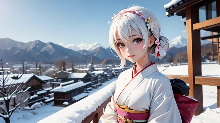 A neat and pretty woman, a Kyoto maiko, the color of her kimono is white, snow,