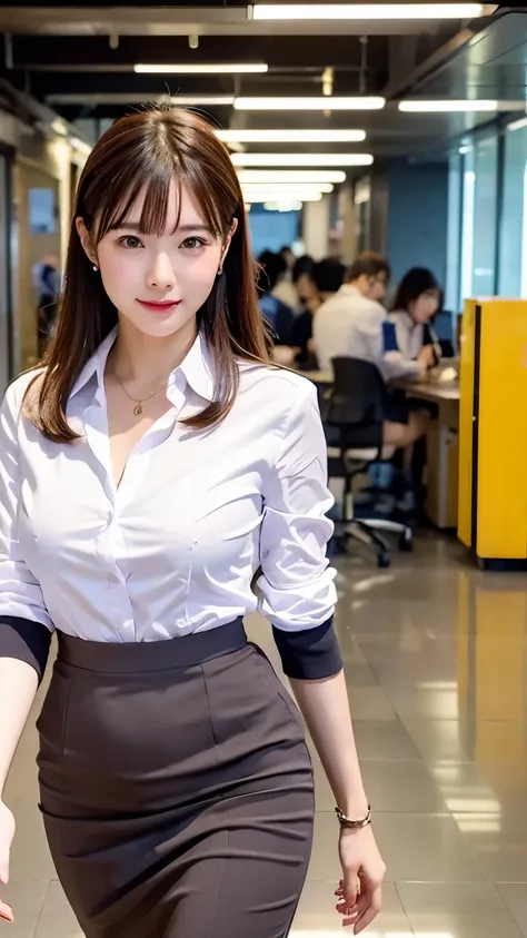 Top quality, one beautiful woman,Office Lady Costume erect nipples, office street,age 20,35mm lens,f/1, Walking figure facing front,