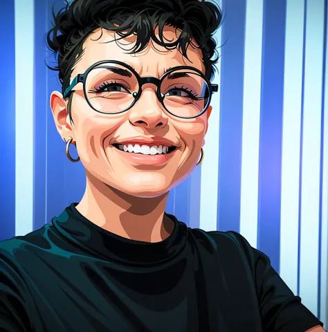  a vector illustration of a smiling woman , Wear circular eyeglasses ,  wears a hoop earring on the left grid and an earring between her teeth.