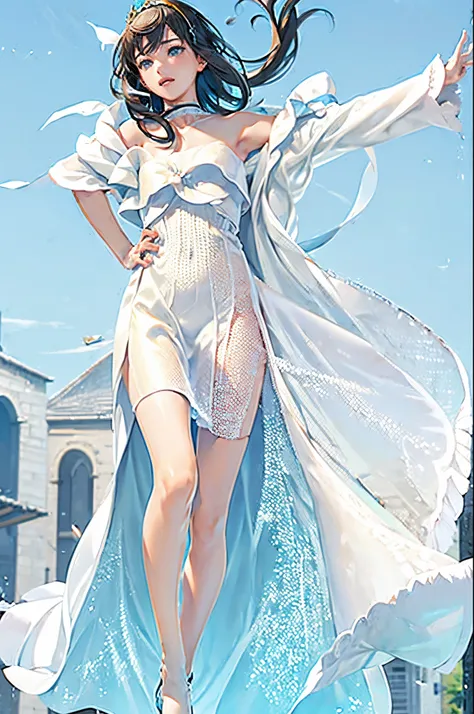  A princess showing her face in a palace in a fictional kingdom　 Cute  Girl 　 tiara 　 White See-through Long Skirt Dress 　Depiction of the Wind 　 white panties　Clear sky　Fictional National Flag 　Depiction of penetrating light 　 high definition　 high defini...