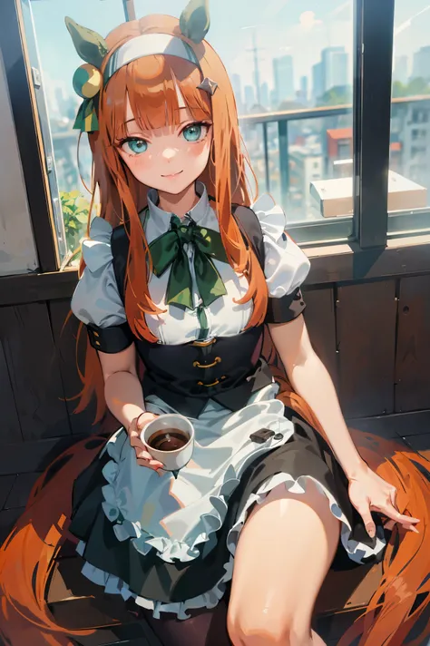 NSFW,masterpiece, top quality, high definition , very detailed , silence Suzuka (Horse Girl), maid outfit ,smile, coffee shop