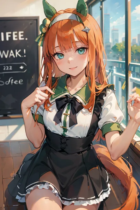 NSFW,masterpiece, top quality, high definition , very detailed , silence Suzuka (Horse Girl), maid outfit ,smile, coffee shop