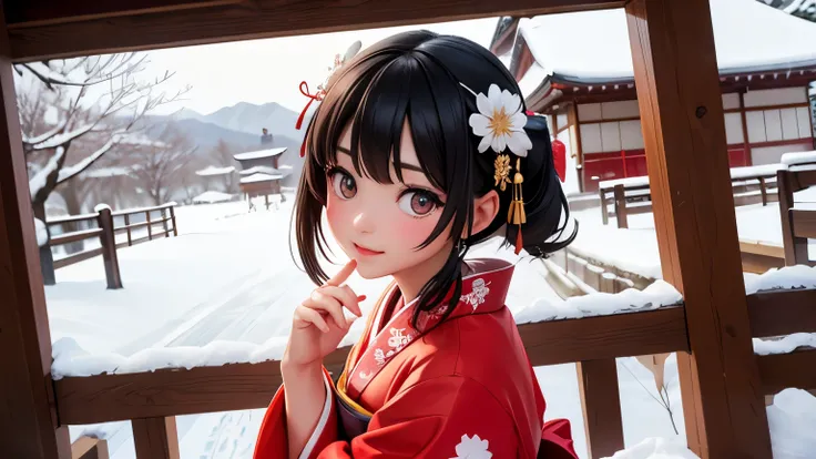 A neat and cute woman, a Kyoto maiko, the color of her kimono is red, snow,