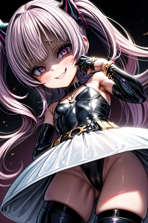 (kawaii), (evil valley girls), (under teen:1.4), shiny pink latex clad, thigh high boots, long gloves, military cap, satanic, shoot from below, garter, colorful, (anime face:1.2), (scornful smile), ear ring, necklace, (low poly), (extreme evil smile:1.3), ...