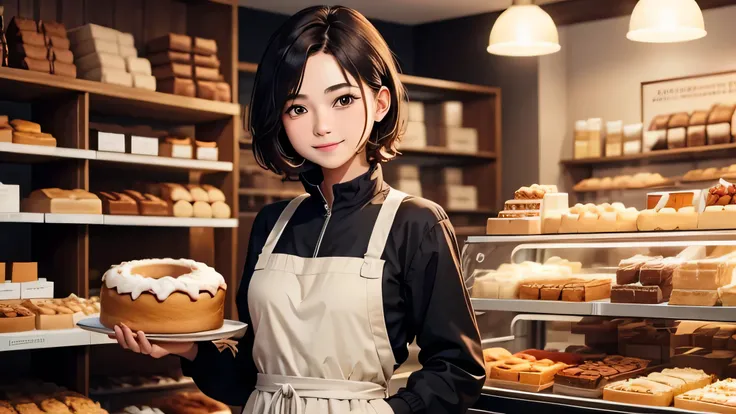 (scene: cozy bakery), 1girl, 1boy, warm interior lighting, atmosphere: friendly and inviting, BREAK, 1girl: name: Kaela, height: 160cm, medium brown hair, bright smile, wearing a white apron over casual attire, holding a tray of freshly baked donuts, pose:...