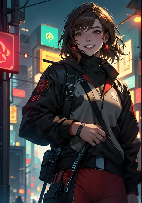    very detailed,      high definition   ,    very detaileded,  top quality,    wonderful,  top quality,      high definition  CG Unity 8K wallpaper   ,   movie lights,    cyberpunk,    brown hair   .Nice.What a beautiful smile   .Red costume