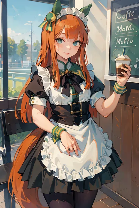 NSFW,masterpiece, top quality, high definition , very detailed , silence Suzuka (Horse Girl), maid outfit ,smile, coffee shop