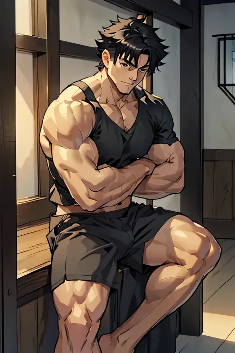 Kiritsugu is sitting and flexing his biceps. He is shirtless. The right side of his boxers is completely rolled up, so you can see his entire leg. He wears black short boxershorts. You can see his thighs completely. He has a huge bulge. He is admiring his ...