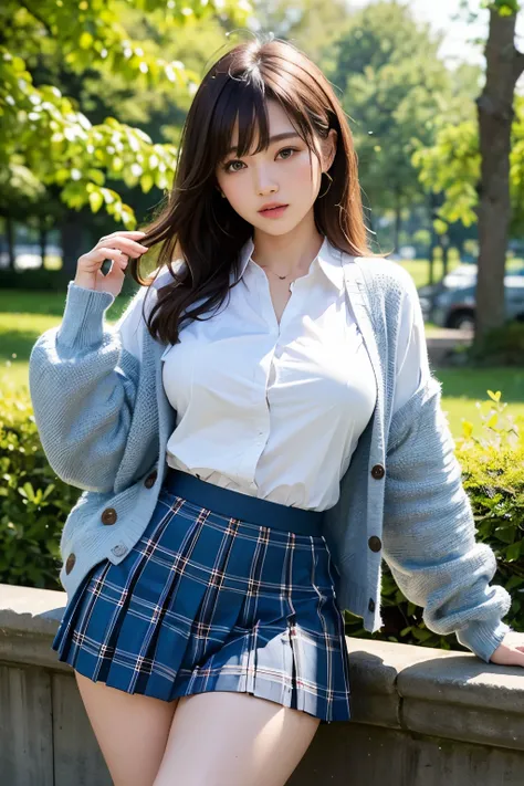 ( top quality、8k、32K、masterpiece 、   super high resolution  :1.2)、  Japanese、  so cute 、bangs、  plump figure  、Big Breasts、

One person、  high school girl、  white skin、( Long sleeve cardigan、  white shirt、  plaid pleated skirt)、garden、  has thick thighs、 s...