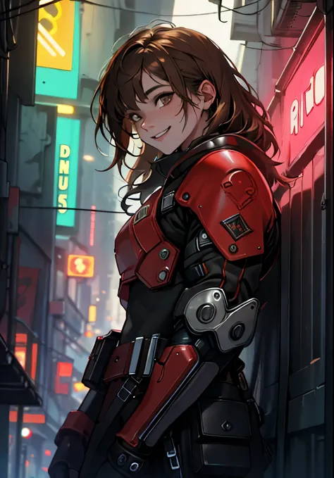    very detailed,      high definition   ,    very detaileded,  top quality,    wonderful,  top quality,      high definition  CG Unity 8K wallpaper   ,   movie lights,    cyberpunk,    brown hair   .Nice.What a beautiful smile   .Red costume