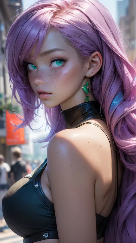 (masterpiece, highres, high resolution:1.2), anime 20 yo girl, portrait, shoulders up, illustration. drawn, violet hair woman, green eyes, blushing, solo, surprised, freckles, big lips, huge breasts, perfect body, wearing a tube top, no hands.