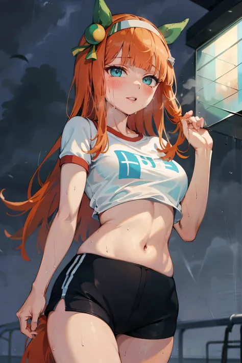 NSFW,masterpiece, top quality, high definition , very detailed , silence Suzuka (Horse Girl),sweat,blush,Gym clothes, bra, panties, Its raining, clothes are transparent