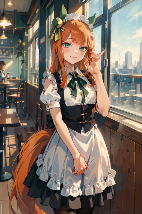 NSFW,masterpiece, top quality, high definition , very detailed , silence Suzuka (Horse Girl), maid outfit ,smile, coffee shop