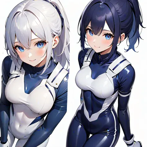 (​masterpiece、 top quality、 highest resolution、Clear image、 detailed images、 The angle is from above ): (solo、Lonely Girl、Japanese Face、 high knot ponytail、Dark blue hair girl、Sparkling Blue Eyes、( white and navy blue pilot suit with enamel finish、 white a...