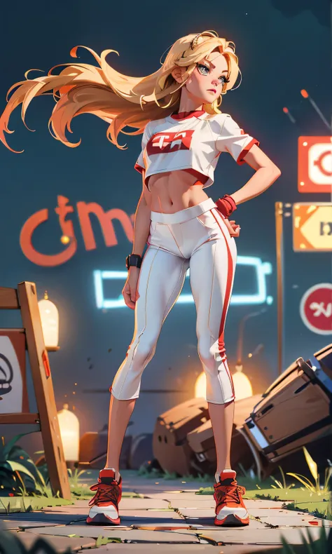 Masterpiece, 1 girl, beautiful, slim, head on, watching the spectator, long hair , blond hair , brown eyes, arched eyebrows , full body , pretty legs, abdomen plano, sports shoes , white top, Crop top, red tube pants , red pants, crooped tube pa...