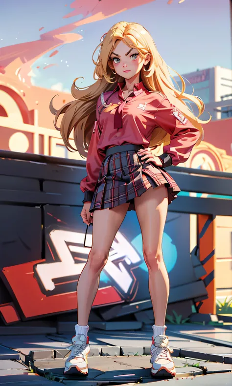 Masterpiece, 1 girl, beautiful, slim, head on, watching the spectator, long hair , blond hair , brown eyes, arched eyebrows , full body , pretty legs, abdomen plano, sports shoes , red blouse , tight blouse , long sleeve blouse , white underwear...