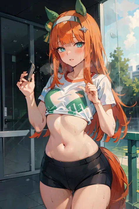 NSFW,masterpiece, top quality, high definition , very detailed , silence Suzuka (Horse Girl),sweat,blush,Gym clothes, bra, panties, Its raining, underwear is transparent