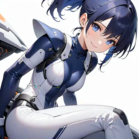 (​masterpiece、 top quality、 highest resolution、Clear image、 detailed images、 The angle is from above ): (solo、Lonely Girl、Japanese Face、 high knot ponytail、Dark blue hair girl、Sparkling Blue Eyes、( white and navy blue pilot suit with enamel finish、 white a...