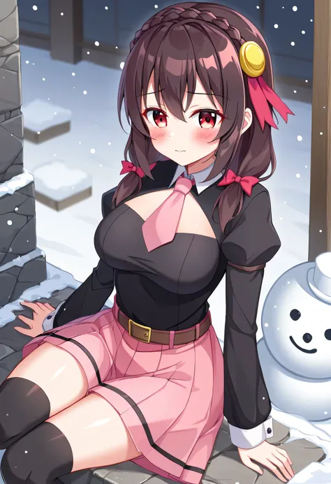 yunyun、masterpiece, top quality,  high definition ,(one person), Yunyun、 Former name yunyun,  crown braid the same color as hair,  black hair、 red eyes、 Hair Accessory ,  hair ribbon, ( Pink tie :1.2), Black long sleeve,  pink skirt,  Knee-High Socks, belt...