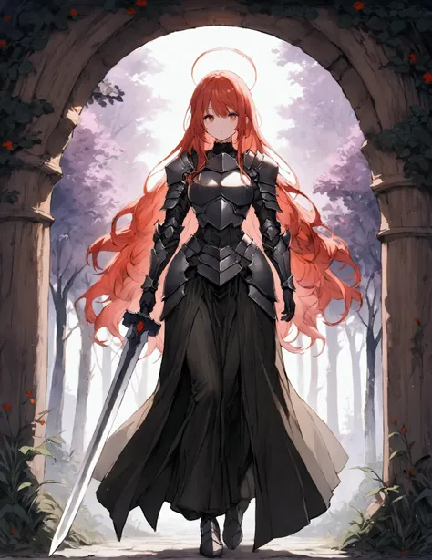 person: ( Iron Armor, 180cm,  full body,   red hair color,  red eyes, article, female, Longsword, alone, mature female) background: (none)