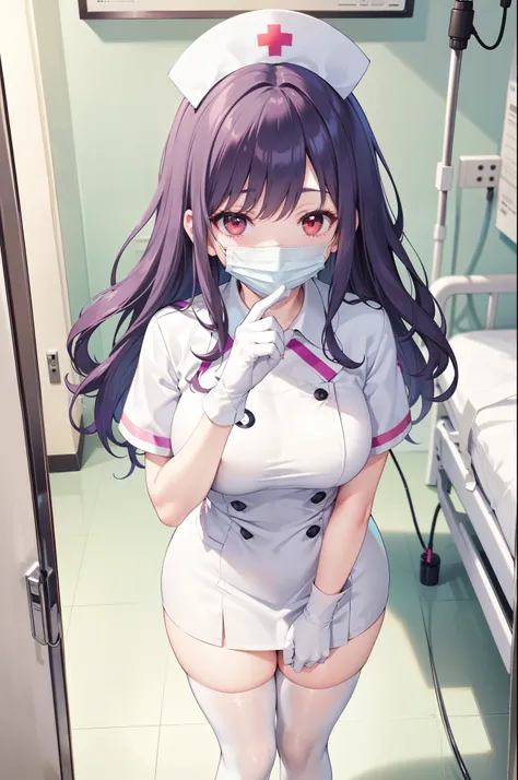 1woman, solo, nurse, white nurse cap, white nurse uniform, ((white legwear, zettai ryouiki)), white gloves, long hair, purple hair, red eyes, ((white surgical mask, covered nose)), standing, ((hospital room)), sharp outline, short sleeves, mature female, 3...