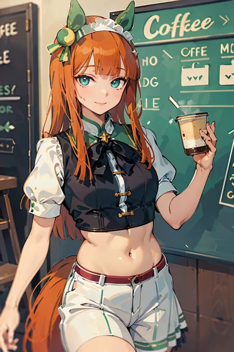 NSFW,masterpiece, top quality, high definition , very detailed , silence Suzuka (Horse Girl), maid outfit , crop top,smile, coffee shop