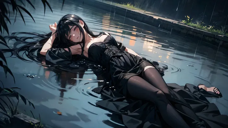 girl in black dress, lying in river, motionless, emotionless, knives, blood stains, black hair, dark, night, full body, scary, rain