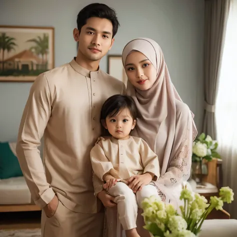 Indonesian family photo, four members,  random two block hair father and mother age 30 ,  boy  and daughter  , they are matching in light cream muslim shirts,  lilac color and sharia longdress same color and harmonize,  hijab, realistic photo, living room ...