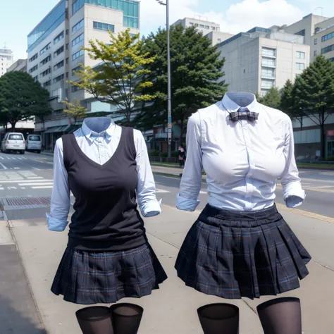 skirt, bow, school uniform, socks, plaid, kneehighs, plaid skirt, sweater vest, summer uniform, otonokizaka school uniform, (invisible, no humans, headless, faceless:1.5), cute big breasts, (best quality, masterpiece:1.2), in city