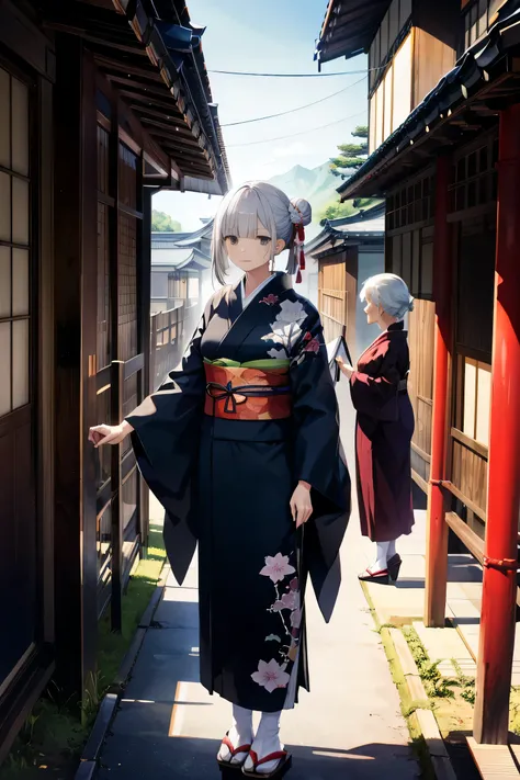 ((old woman)), (old lady:1.3), (slender),Elderly women, grandmother, Long hair,  kimono, kimono,  Long Sleeve , whole body, Wide sleeve, Elegant,  Tall, Hair bun,  Warring States period, Japan Pavilion 、Gray Hair,  standing, full body, Clear daytime, An ol...