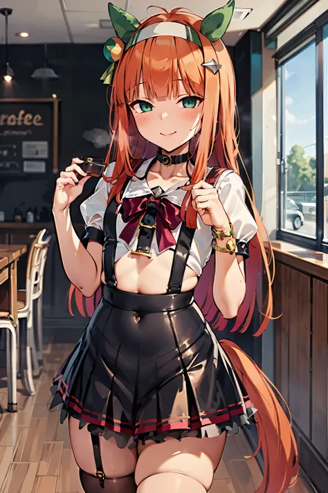 NSFW,masterpiece, top quality, high definition , very detailed , silence Suzuka (Horse Girl), maid outfit , crop top, miniskirt,smile, coffee shop