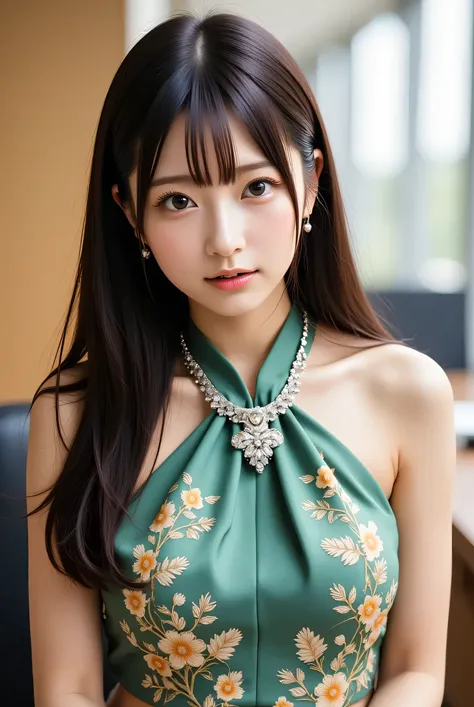 ((( 1 girl:1.3))), ((20 years old:1.3)), ( shes the smartest presidential secretary ), break (Surprised Smile:1.2), (( neat themed hairstyle :1.3,  side sweep hairstyle :1.4),  loose wavy hair, side-swept bangs), (( gorgeous stud necklace :1.2)), (( medium...