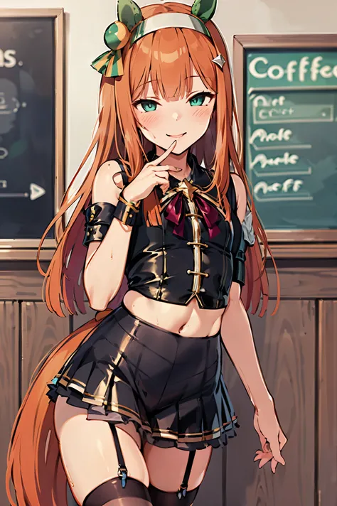 NSFW,masterpiece, top quality, high definition , very detailed , silence Suzuka (Horse Girl), maid outfit , crop top, miniskirt,smile, coffee shop