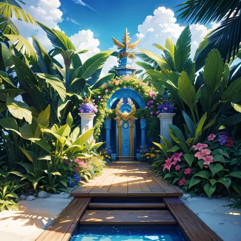 Ultra-realistic scenes, Parallel Worlds,  tropical otherworldly plants as gods, Cult, Tropical flowers, Unusual Art, Unique art , Summer blue sky background,  sunshine, bright  sunshine, mixer, Product Rendering, HD 8k. 