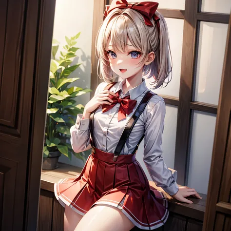 1 Girl,  unique , Small chest, Suspender Skirt,  white shirt ,  red bow,  happy 