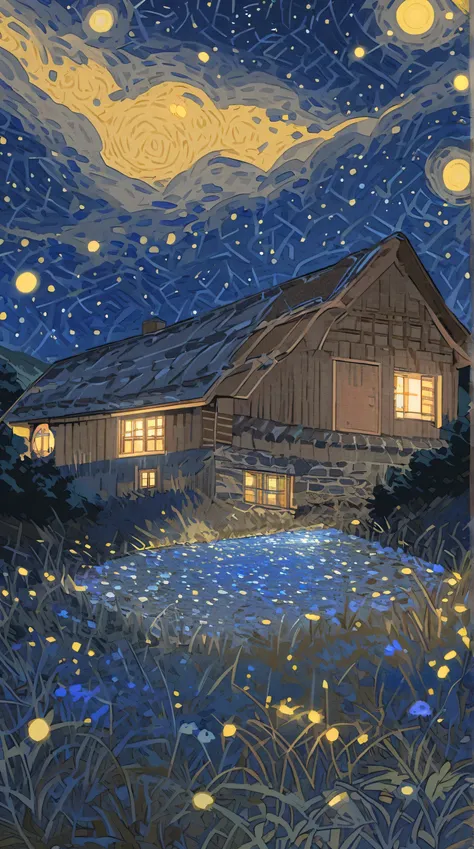 rural house, starry night, in the style of anime