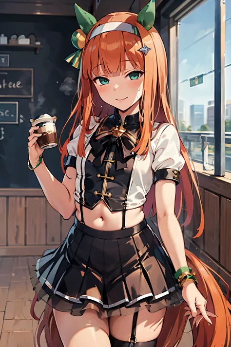 NSFW,masterpiece, top quality, high definition , very detailed , silence Suzuka (Horse Girl), maid outfit , crop top, miniskirt,smile, coffee shop