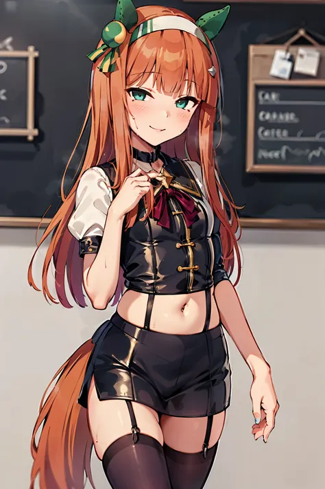 NSFW,masterpiece, top quality, high definition , very detailed , silence Suzuka (Horse Girl), maid outfit , crop top, miniskirt,smile, coffee shop