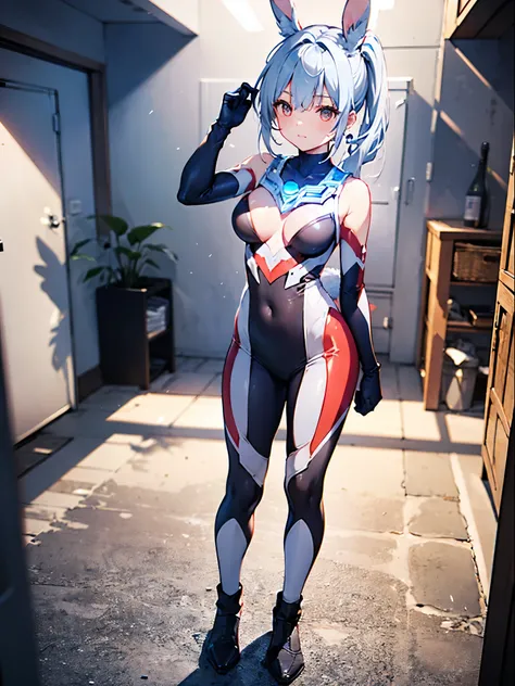  realistic, top quality,  ultra detail,  LONG PONYTAILS ,  THE MOST DELICATE AND BEAUTIFUL , Floating softly,  high definition , (1 giant girl), ( Max Image,4K,8k,masterpiece:1.2),  light purple hair,( rabbit ears :1.5),(Very long ponytail:1.5), red eyes,(...