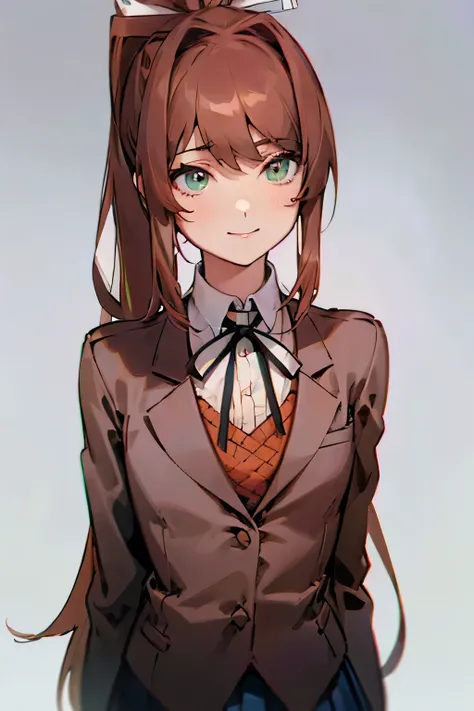 monika, beautiful detailed green eyes, beautiful detailed brown hair, very long detailed hair, detailed ponytail, detailed hair ribbon, detailed white ribbon, detailed blazer, detailed brown sweater, detailed collared shirt, detailed neck ribbon, detailed ...