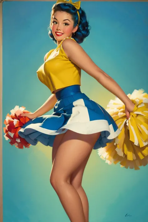 20 years old Girl in school gym, sexy Riverdale High School cheerleader outfit with blue and gold pom poms, medium breast, shining skin, dramatic lighting, pin up style, sexy, surprised, , colorful , masterpieces, illustrated, shining skin, detailed face, ...