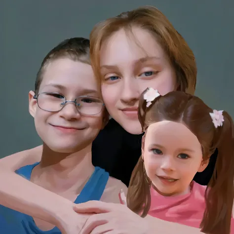 there are two girls and a boy posing for a picture, realistic studio portrait, realistic portrait photo, photo realistic portrait, cartoon digital painting, realistic portrait, 3 / 4 portrait, 3/4 portrait, portrait of family of three, photorealistic portr...