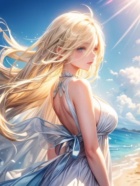  beautiful woman,  blond hair fluttering in the wind, Sparkling blue eyes, Soft and attractive lips, masterpiece,   high detail , 8K CG artwork,  Beach Background ,   high detail  light,  Little Smiles ,  white skin