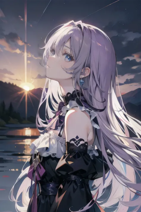 (masterpiece), (best quality), ultra detailed, finely detailed color, cenematic painting, bishoujo, ((one lady)), teenager, cute face, ((white hair)), absurdly long hair, straight hair, ((dark violet eyes:1.5)), gothic dress, black dress, sleeveless, ((sun...