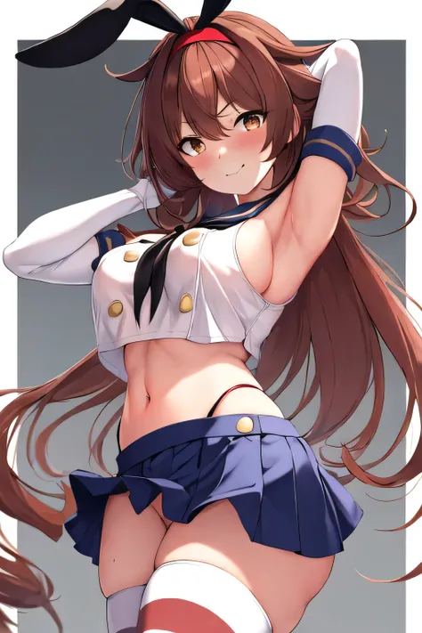 (masterpiece), highly detailed, best quality,1girl, brown_hair, brown_eyes, hairband, red_hairband, hair_flaps, medium hair, hair_between_eyes, large breasts, standing, shimacos,
crop top,
microskirt,
thighhighs,
elbow gloves, face focus, messy hair, close...